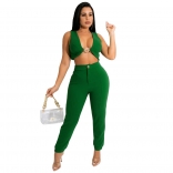 Green Sleeveless Deep V-Neck Sleeveless Fashion Women Jumpsuit