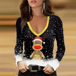 Black Golden Long Sleeve Printed Women Christmas Fashion T-Skirt(Plus Size)