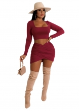 Red Long Sleeve Low-cut Bandage Women Mini Dress
