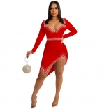Red Long Sleeve Low-Cut V-Neck Rhinestones Sexy Club Bodycons Mini Dress