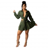 Green Long Sleeve Button V-Neck Women Fashion OL Skirt Dress