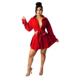 Red Long Sleeve Button V-Neck Women Fashion OL Skirt Dress