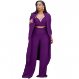 Purple Long Sleeve Halter V-Neck Vest Fashion Women 3PCS Catsuit Dress