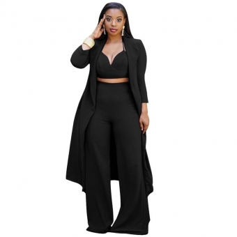 Black Long Sleeve Halter V-Neck Vest Fashion Women 3PCS Catsuit Dress