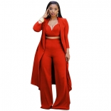 Red Long Sleeve Halter V-Neck Vest Fashion Women 3PCS Catsuit Dress