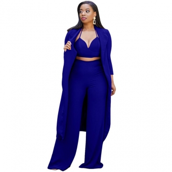 Blue Long Sleeve Halter V-Neck Vest Fashion Women 3PCS Catsuit Dress