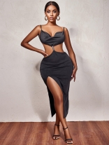 Black Sleeveless Halter V-Neck Sexy Women Maxi Dress