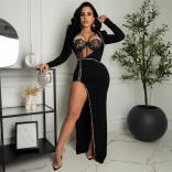 Black Long Sleeve Hollow-out Rhinestone Lace Underwear Sexy Maxi Dress