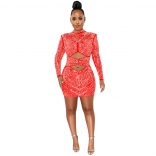 Red Long Sleeve Hollow-out Mesh Rhinestone Ladies Bodycons Mini Dress