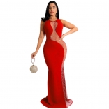 Red Sleeveless Mesh Rhinestone Hollow-out Bodycon Maxi Dress