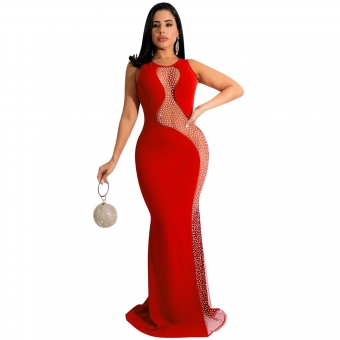 Red Sleeveless Mesh Rhinestone Hollow-out Bodycon Maxi Dress
