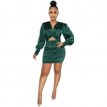 Green Long Sleeve Deep V-Neck Pleated Ladies Bodycon Dress