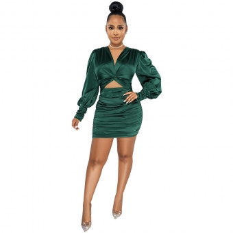 Green Long Sleeve Deep V-Neck Pleated Ladies Bodycon Dress