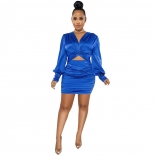 Blue Long Sleeve Deep V-Neck Pleated Ladies Bodycon Dress