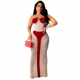 Red Halter Boat-Neck Mesh Bodycons Sexy Midi Club Dress