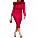 Red Long Sleeve Off-Shoulder Plush Bodycons Women OL Dress
