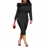 Black Long Sleeve Off-Shoulder Plush Bodycons Women OL Dress
