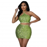 Green Sleeveless Halter Sequins 2PCS Women Bodycon Mini Dress