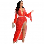 Red Mesh Long Sleeve Deep V-Neck Rhinestone Tassels Sexy Maxi Dress