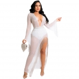 White Mesh Long Sleeve Deep V-Neck Rhinestone Tassels Sexy Maxi Dress