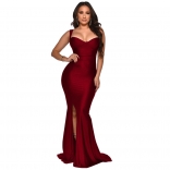 Red Off-Shoulder Halter Low-Cut V-Neck Bodycons Pleated Evening Dress