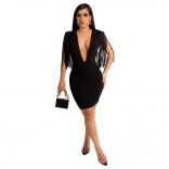 Black Sleeveless Tassels Deep V-Neck Women Bodycons Mini Dress