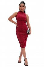 Red Sleeveless O-Neck Silk Women Bodycons Midi Dress