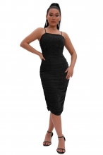 Black Sleeveless Halter Boat-Neck Silk Women Bodycons Midi Dress