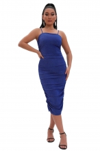 Blue Sleeveless Halter Boat-Neck Silk Women Bodycons Midi Dress