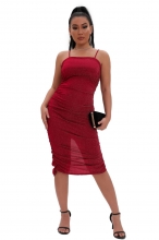 Red Sleeveless Halter Boat-Neck Silk Women Bodycons Midi Dress