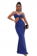 Blue Halter V-Neck Silk Hollow-out Women Evening Maxi Dress