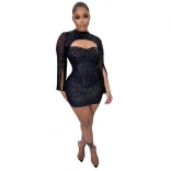 Black Long Sleeve V-Neck Sequins Bodycons Mini Dress