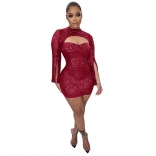 Red Long Sleeve V-Neck Sequins Bodycons Mini Dress