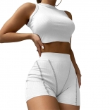 White Sleeveless O-Neck Cotton 2PCS Women Short Sets