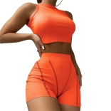 Orange Sleeveless O-Neck Cotton 2PCS Women Short Sets