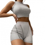 Grey Sleeveless O-Neck Cotton 2PCS Women Short Sets