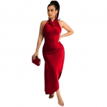 Red Sleeveless Halter Sexy Women Maxi Club Dress