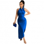 Blue Sleeveless Halter Sexy Women Maxi Club Dress