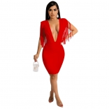 Red Deep V-Neck Tassels Bodycons Women Mini Dress