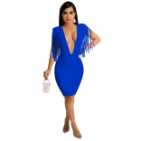 Blue Deep V-Neck Tassels Bodycons Women Mini Dress