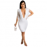 White Deep V-Neck Tassels Bodycons Women Mini Dress