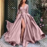 Pink Long Sleeve Lace Deep V-Neck Party Nights Sexy Evening Maxi Dress