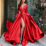 Red Long Sleeve Lace Deep V-Neck Party Nights Sexy Evening Maxi Dress