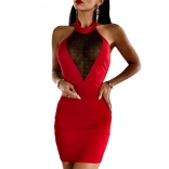 Red Mesh Lace V-Neck Sleeveless Bodycons Club Mini Dress