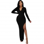 Black Long Sleeve V-Neck Bodycons Cotton Fashion Maxi Dress