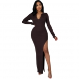 Brown Long Sleeve V-Neck Bodycons Cotton Fashion Maxi Dress