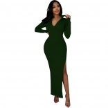 Green Long Sleeve V-Neck Bodycons Cotton Fashion Maxi Dress