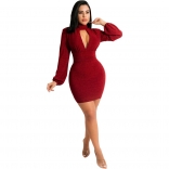 Red Long Sleeve V-Neck Silk Bodycons Sexy Club Mini Dress