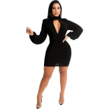 Black Long Sleeve V-Neck Silk Bodycons Sexy Club Mini Dress