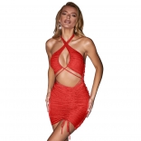 Red Sleeveless Halter Hollow-out Silk Bodycons Sexy Club Dress
